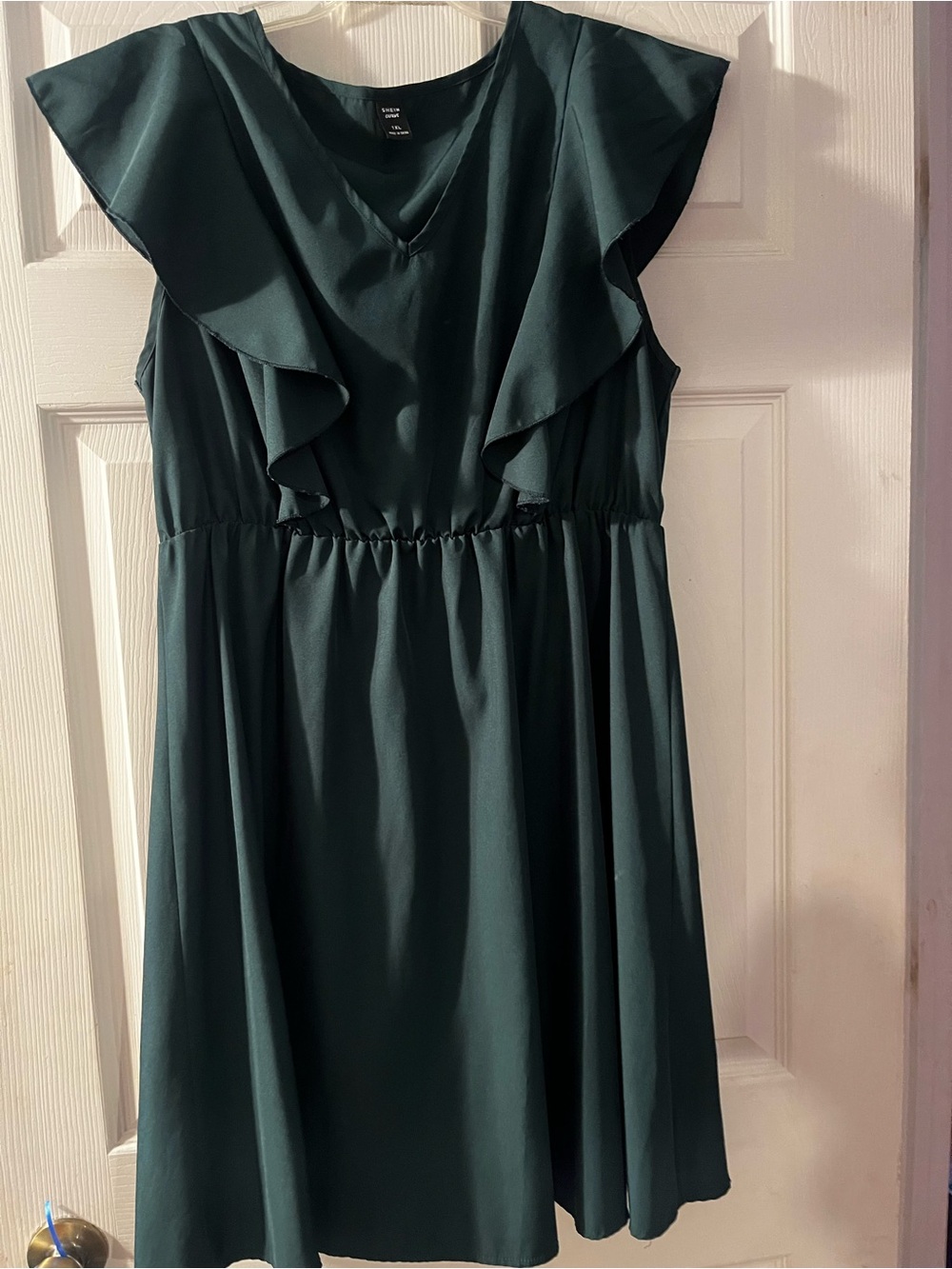 SHEIN Dark Green Ruffle-Sleeve V-Neck Midi Dress